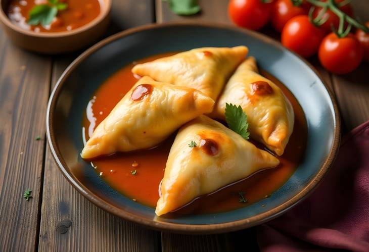 Samosas with Spicy Sauce and Tomato Garnish